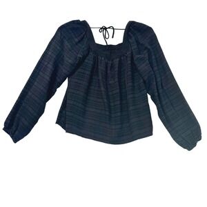 MAVEN WEST Black Cupra Cotton Textured Square Neck Tie Back Peasant Blouse XS